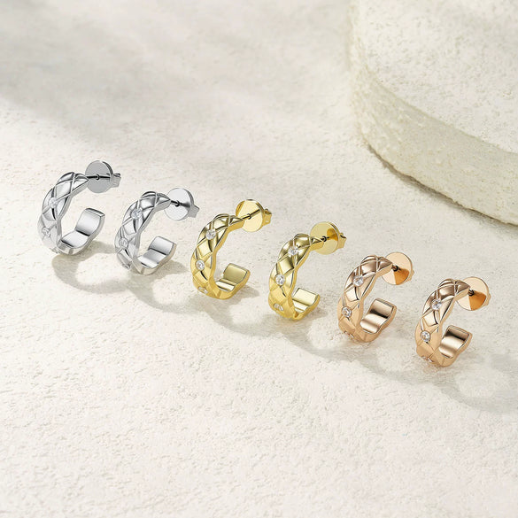 Unique Diamondstudded Cshaped Electroplated Titanium Steel And Stainless Steel Earrings With Geometric Pattern Unisex Ear Studs