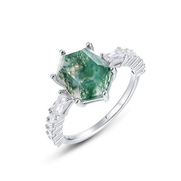 Unique Geometric Natural Water Grass Agate Stone Ring S925 Silver Retro Fashion Women's Ring With Diamond Treatment