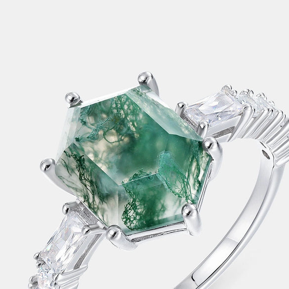 Unique Geometric Natural Water Grass Agate Stone Ring S925 Silver Retro Fashion Women's Ring With Diamond Treatment
