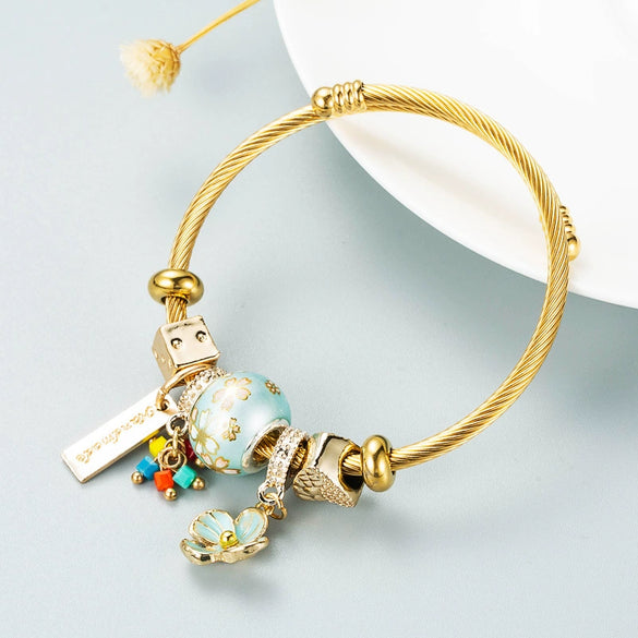 Unisex Alloy Beaded Love Gem And Sweet Flower Charm Bracelet With Electroplated Finish