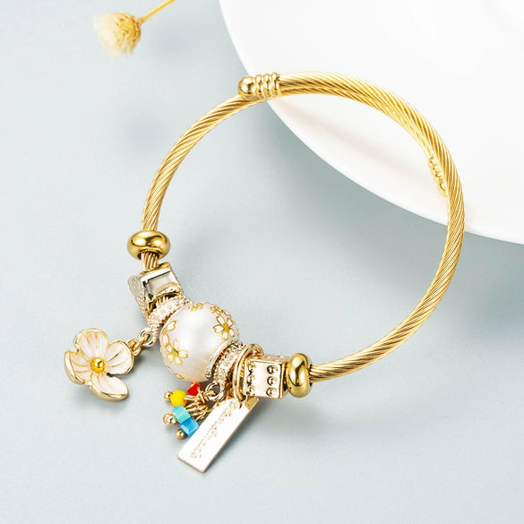 Unisex Alloy Beaded Love Gem And Sweet Flower Charm Bracelet With Electroplated Finish