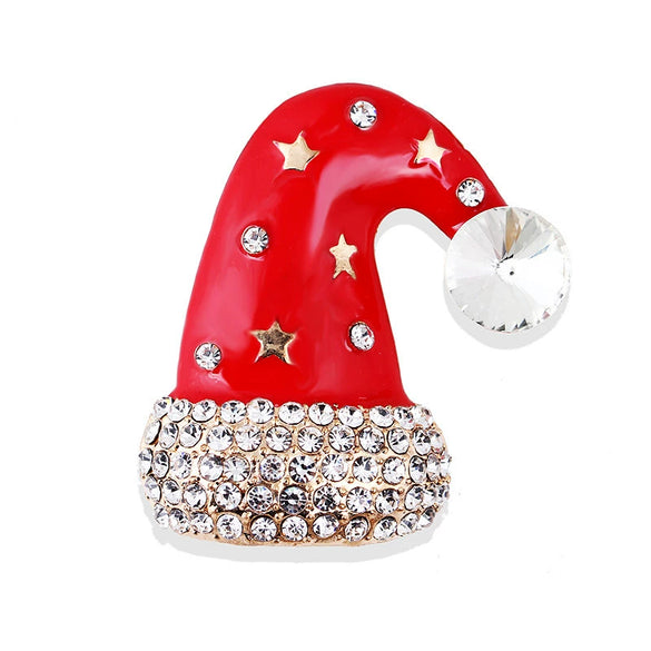 Unisex Alloy Christmas Hat Brooch Pin With Colorful Artificial Gemstone Inlay And Festive Star Design