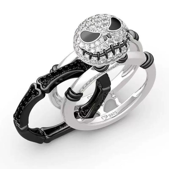 Unisex Alloy Electroplated Skull And Smile Ring Set Luxury Full Diamond Statement Rings