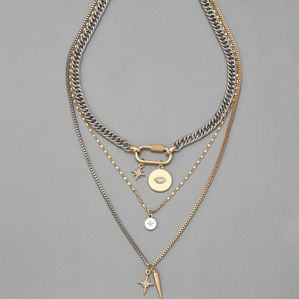Unisex Alloy Eye Pendant Layered Necklace With Polished Electroplated Finish Fashionable Unique Statement Jewelry