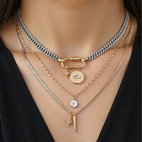 Unisex Alloy Eye Pendant Layered Necklace With Polished Electroplated Finish Fashionable Unique Statement Jewelry