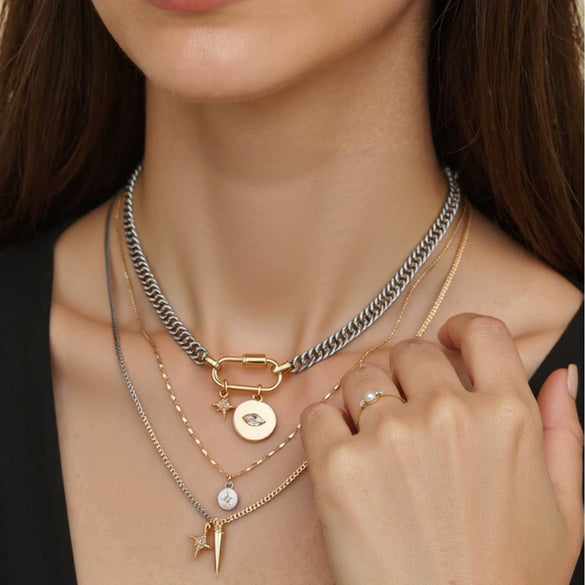 Unisex Alloy Eye Pendant Layered Necklace With Polished Electroplated Finish Fashionable Unique Statement Jewelry