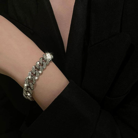 Unisex Alloy Geometric Cuban Chain Bracelet With Full Rhinestone Diamond Look Retro Hip Hop Style Thick Link Bracelet