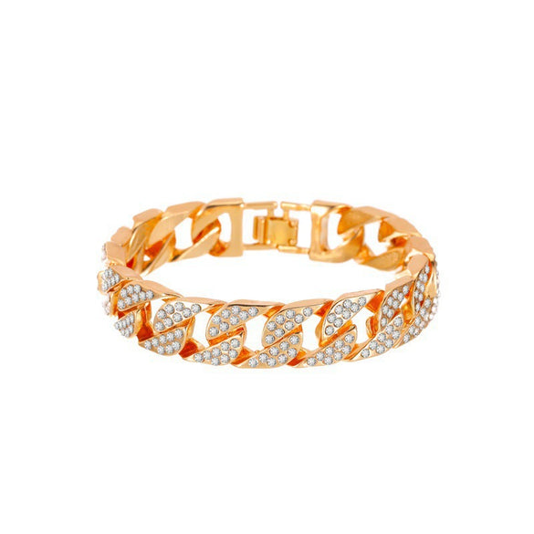Unisex Alloy Geometric Cuban Chain Bracelet With Full Rhinestone Diamond Look Retro Hip Hop Style Thick Link Bracelet