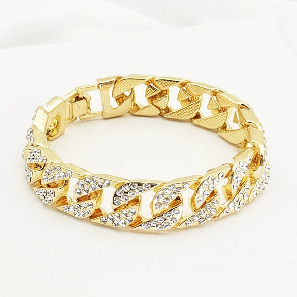 Unisex Alloy Geometric Cuban Chain Bracelet With Full Rhinestone Diamond Look Retro Hip Hop Style Thick Link Bracelet
