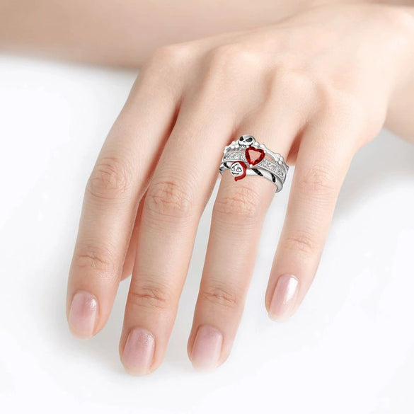Unisex Alloy Heartshaped Red Zircon Ring With Punk Skull And Pumpkin Motif Electroplated Couple Jewelry