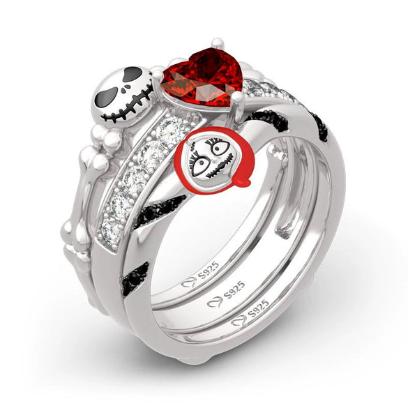 Unisex Alloy Heartshaped Red Zircon Ring With Punk Skull And Pumpkin Motif Electroplated Couple Jewelry