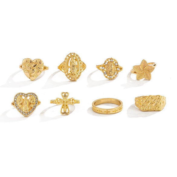 Unisex Alloy Hollow Heart And Cross Open Ring Set With Geometric Flower Pattern And Polished Electroplated Finish