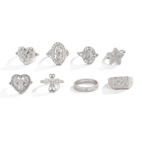 Unisex Alloy Hollow Heart And Cross Open Ring Set With Geometric Flower Pattern And Polished Electroplated Finish