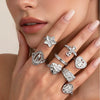 Unisex Alloy Hollow Heart And Cross Open Ring Set With Geometric Flower Pattern And Polished Electroplated Finish