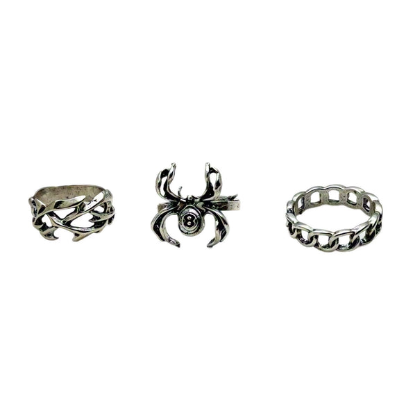 Unisex Alloy Ring Set With Spider And Thorn Motifs Geometric Open Band Design Polished Electroplated Dark Punk Accessories