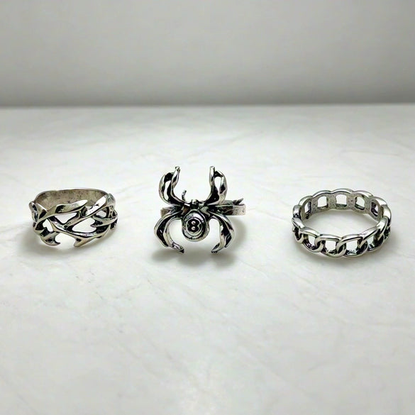Unisex Alloy Ring Set With Spider And Thorn Motifs Geometric Open Band Design Polished Electroplated Dark Punk Accessories