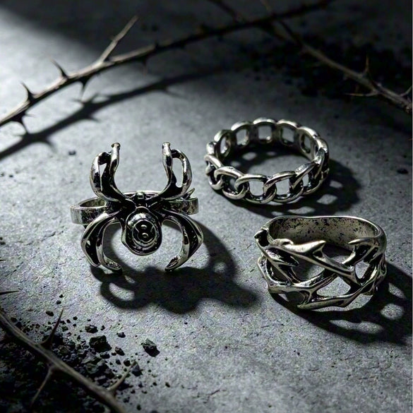 Unisex Alloy Ring Set With Spider And Thorn Motifs Geometric Open Band Design Polished Electroplated Dark Punk Accessories