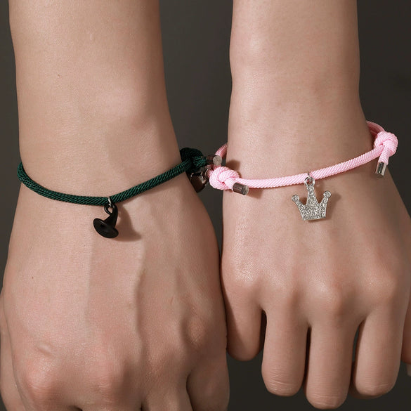 Unisex Beads Alloy Magnetic Bracelet With Crown And Diamond Design