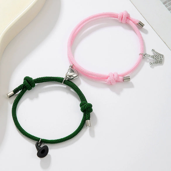 Unisex Beads Alloy Magnetic Bracelet With Crown And Diamond Design