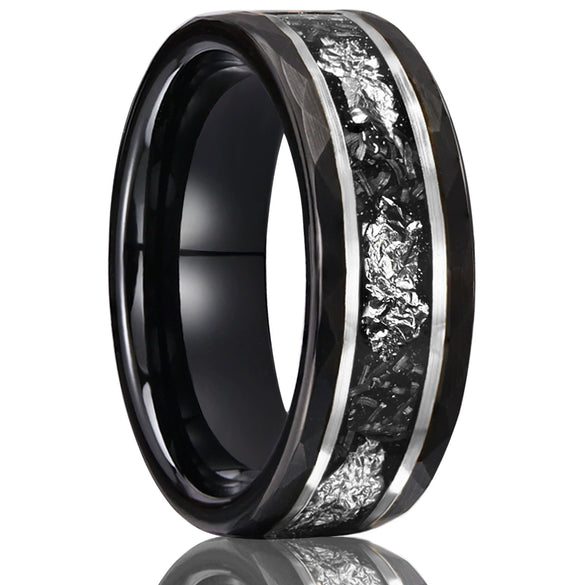 Unisex Black Hammered Tungsten Steel Ring With Imitation Meteorite Silver Foil Inlay Electroplated Minimalist Geometric Band