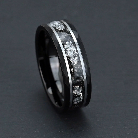 Unisex Black Hammered Tungsten Steel Ring With Imitation Meteorite Silver Foil Inlay Electroplated Minimalist Geometric Band