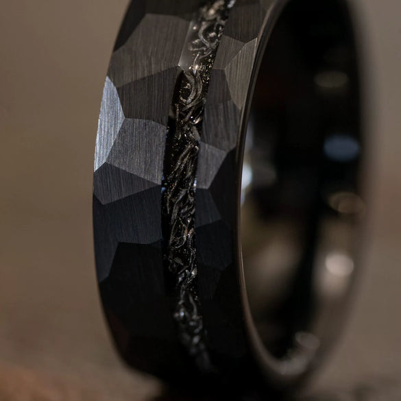 Unisex Black Tungsten Steel Ring With Hammered Geometric Pattern And Electroplated Finish Minimalist Jewelry