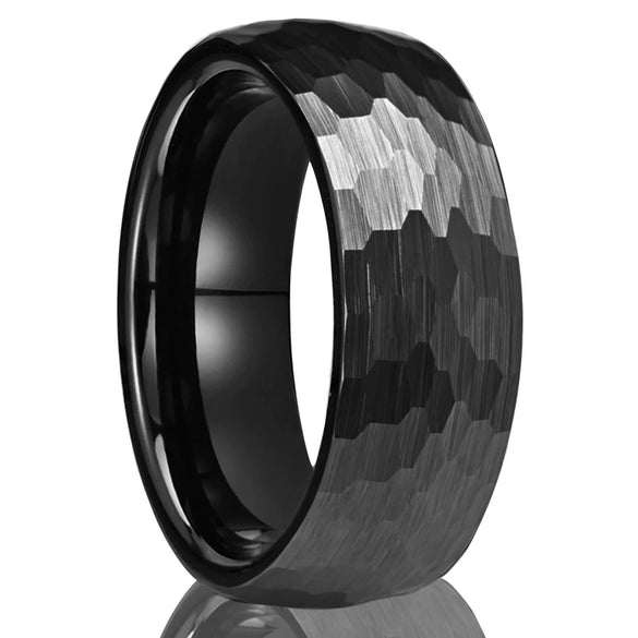 Unisex Black Tungsten Steel Ring With Hand Polished Sandblasted Hammered Geometric Texture For Casual Jewelry