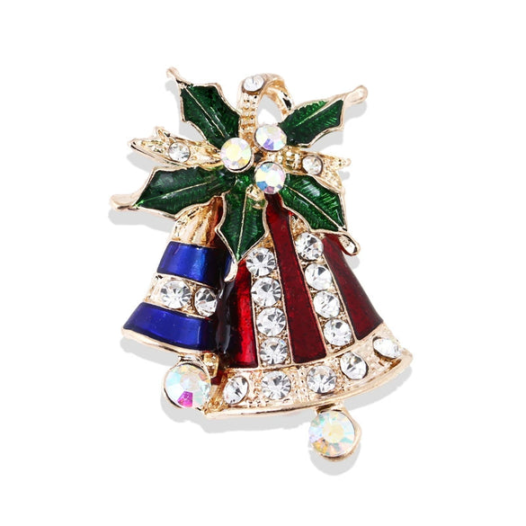 Unisex Cartoon Christmas Bell Brooch Pin With Colorful Artificial And Semi Precious Gemstone Detailing In Alloy