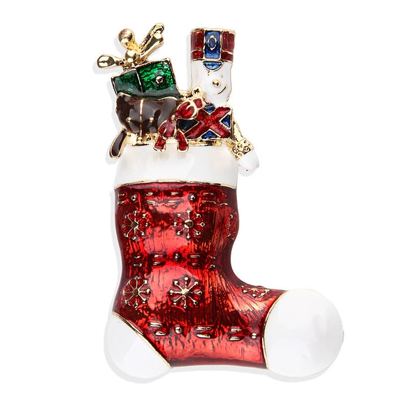 Unisex Christmas Snowflake Sock Brooch With Bear And Soldier Boot Motifs Dripping Oil Alloy Pin With Artificial Gem Accents