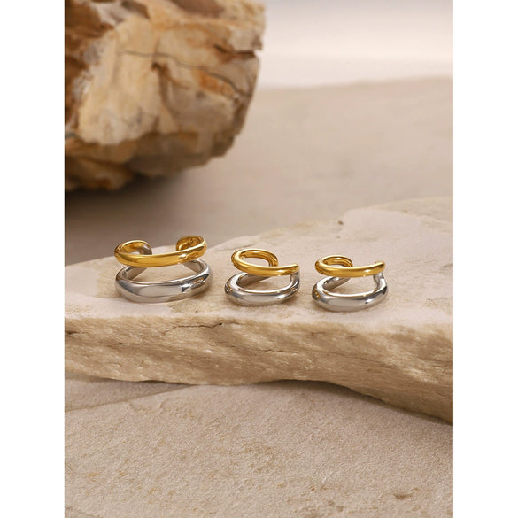 Unisex Cold Style Double Layer Opening Ring Ear Clip Stainless Steel Gold And Silver Two Color Electroplated Geometric Design