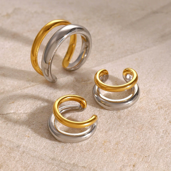 Unisex Cold Style Double Layer Opening Ring Ear Clip Stainless Steel Gold And Silver Two Color Electroplated Geometric Design