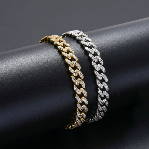 Unisex Copper Cuban Chain Bracelet With Single Row Zircon Accents And Electroplated Hiphop Style