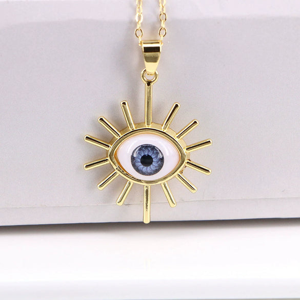 Unisex Copper Evil Eye Pendant Necklace With Mixed Gem Inlay Geometric Design Electroplated Water Wave Chain Jewelry