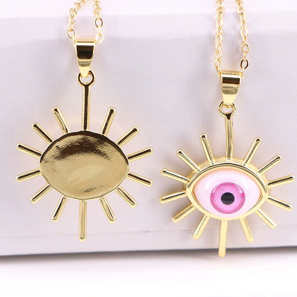 Unisex Copper Evil Eye Pendant Necklace With Mixed Gem Inlay Geometric Design Electroplated Water Wave Chain Jewelry