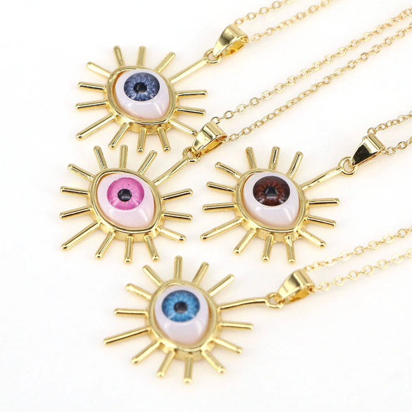 Unisex Copper Evil Eye Pendant Necklace With Mixed Gem Inlay Geometric Design Electroplated Water Wave Chain Jewelry