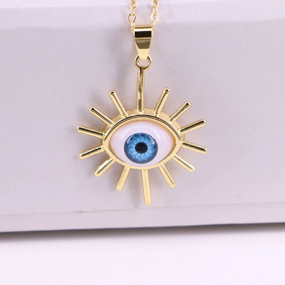 Unisex Copper Evil Eye Pendant Necklace With Mixed Gem Inlay Geometric Design Electroplated Water Wave Chain Jewelry