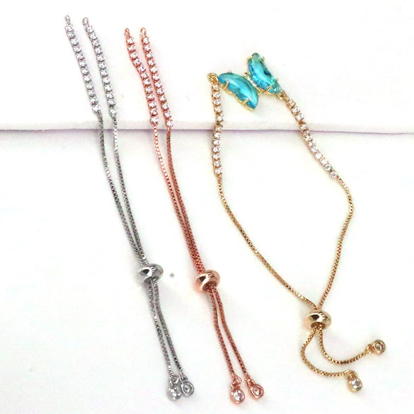 Unisex Copper 18K Gold Electroplated Round Pushpull Bracelet Semifinished Jewelry With White Zirconium