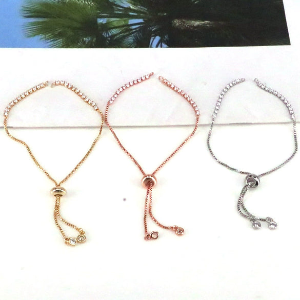 Unisex Copper 18K Gold Electroplated Round Pushpull Bracelet Semifinished Jewelry With White Zirconium