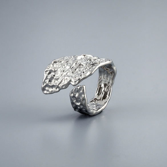 Unisex Copper Open Ring With Irregular Leaf Shape Textured Concave Convex Design And Gold Silver Electroplated Finish