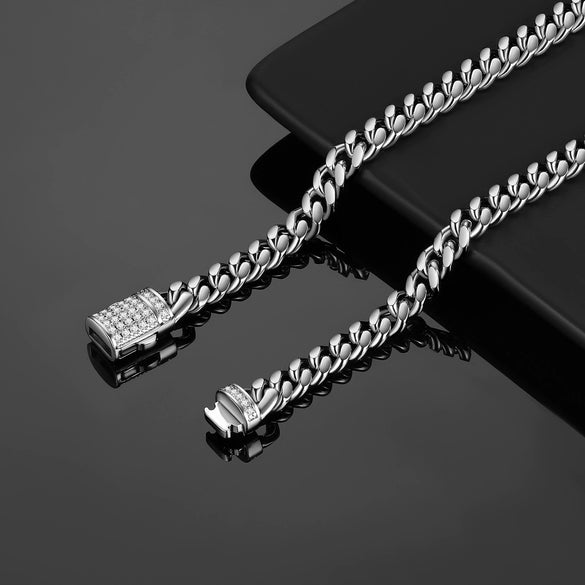 Unisex Cuban Chain Stainless Steel Geometric Polished And Electroplated Necklace With Copper Buckle And Micropaved Zircon