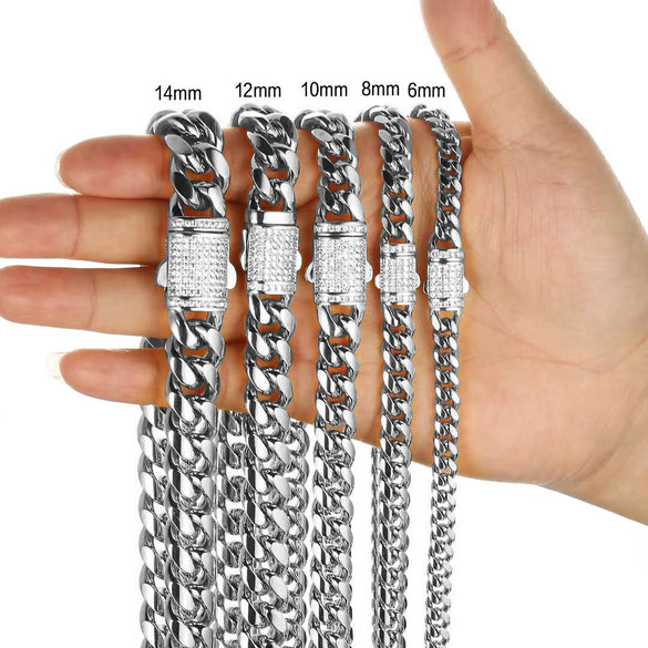 Unisex Cuban Chain Stainless Steel Geometric Polished And Electroplated Necklace With Copper Buckle And Micropaved Zircon