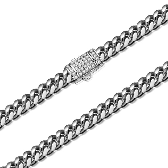 Unisex Cuban Chain Stainless Steel Geometric Polished And Electroplated Necklace With Copper Buckle And Micropaved Zircon