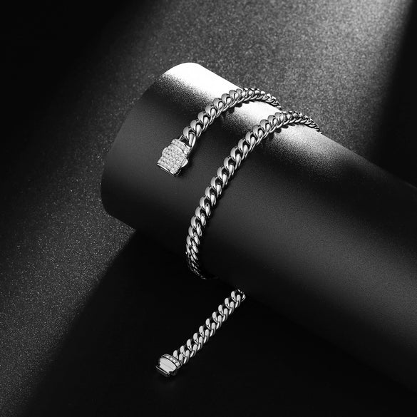 Unisex Cuban Chain Stainless Steel Geometric Polished And Electroplated Necklace With Copper Buckle And Micropaved Zircon