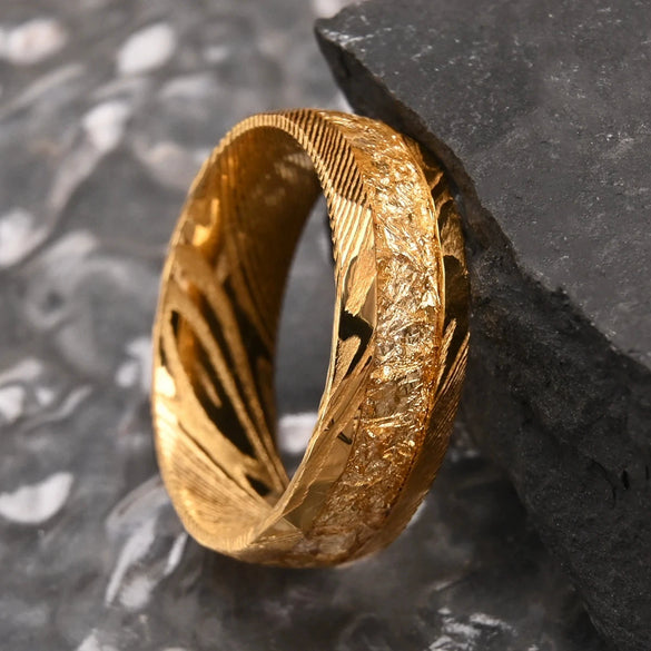 Unisex Damascus Steel Ring With Goldplated Finish And Gold Foil Inlay Minimalist Geometric Jewelry