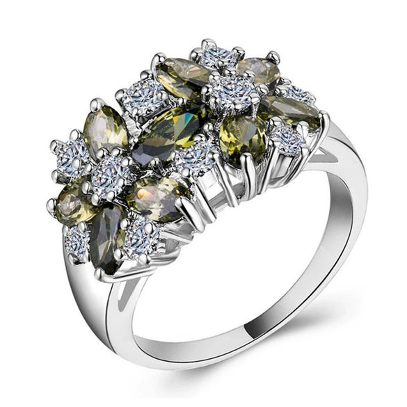 Unisex Electroplated Alloy Green Zircon Geometric Flower Ring With Sporty Style For Fashion Jewelry