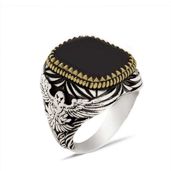 Unisex Electroplated Alloy Ring With Geometric Square Black Gemstone And Eagle Motif Fashion Statement Jewelry
