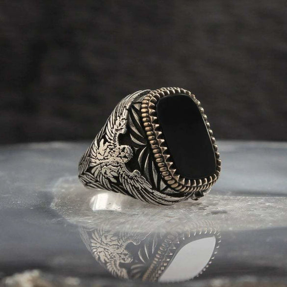 Unisex Electroplated Alloy Ring With Geometric Square Black Gemstone And Eagle Motif Fashion Statement Jewelry