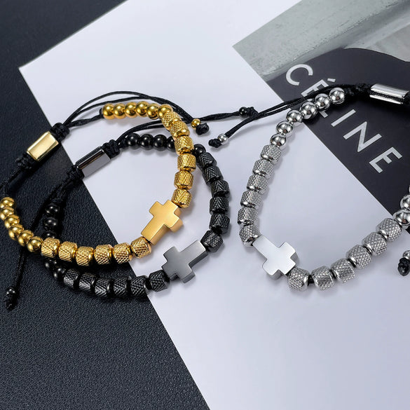 Unisex Electroplated Titanium Steel Cross Charm Woven Bracelet With Geometric Design Fashion Jewelry