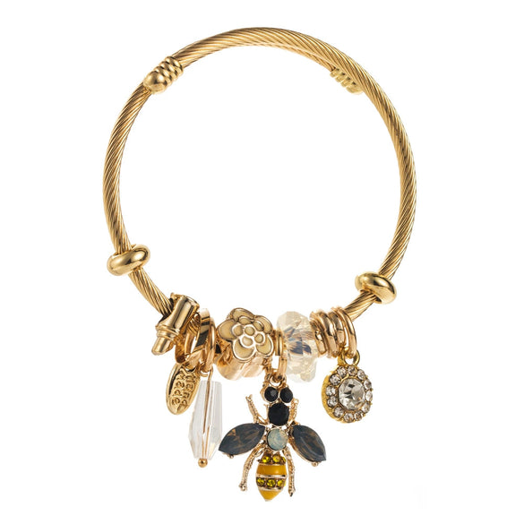Unisex Fashion Diamond Inlaid Titanium Steel Bracelet With Bee And Flower Animal Zodiac Pendant