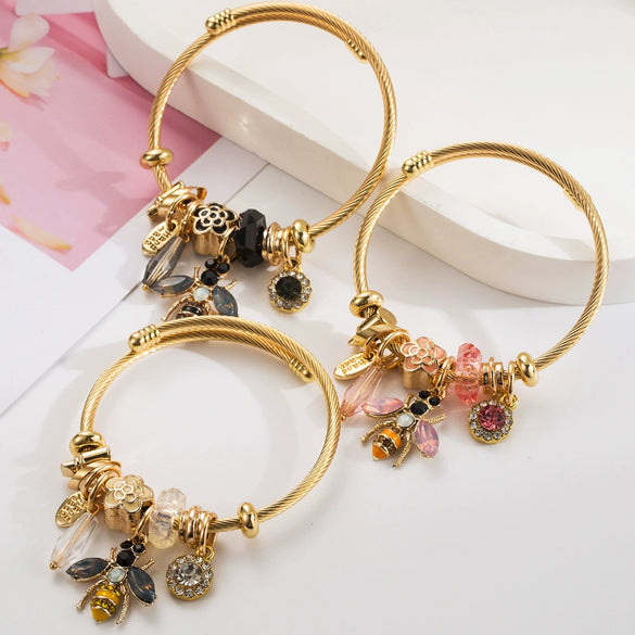 Unisex Fashion Diamond Inlaid Titanium Steel Bracelet With Bee And Flower Animal Zodiac Pendant